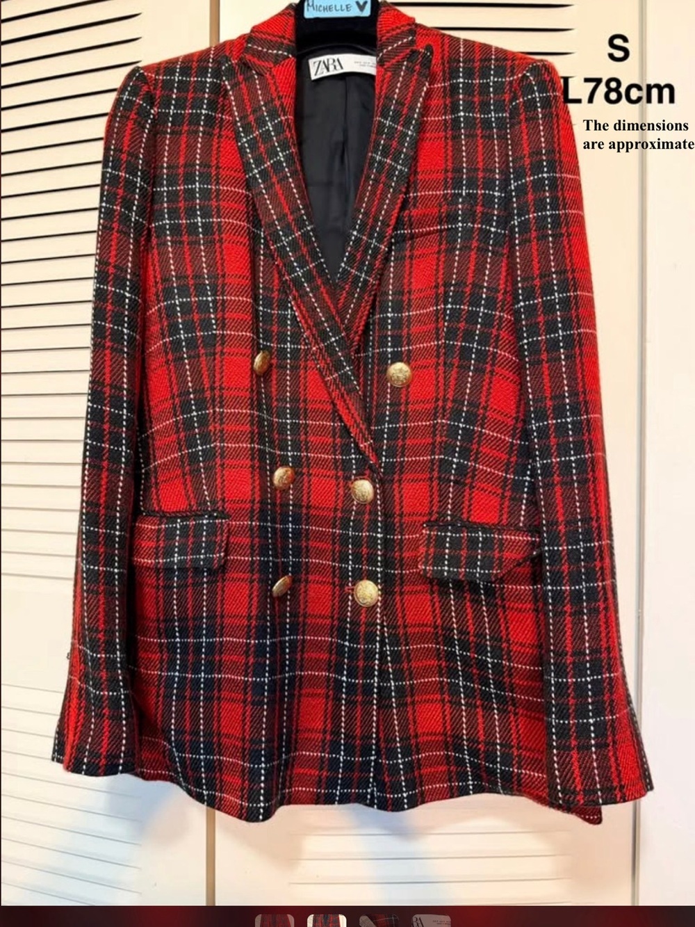 Zara Red & Black Plaid Double-Breasted Blazer with Gold Buttons
